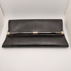 DVF Black Textured Clutch with Gold Accents